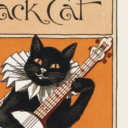 ヴィンテージなポスター、黒猫とウサギのバンジョー弾き、インテリ