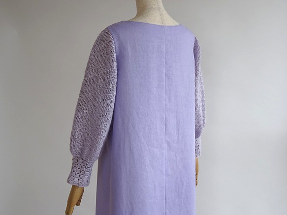 柄編みニット袖のリネンワンピース　M～Lサイズ　「ライラック」 10枚目の画像