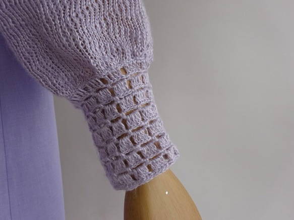 柄編みニット袖のリネンワンピース　M～Lサイズ　「ライラック」 3枚目の画像