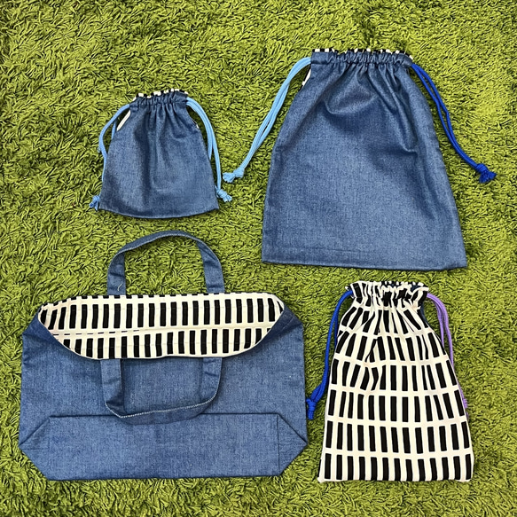 入園入学準備】デニムリバーシブルバッグ&巾着セット レッスンバッグ 