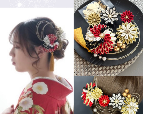 ❁︎nami様❁︎ 成人式 和装 髪飾り ヘッドドレス つまみ細工×帯重ね ☆人気☆サテンつまみ細工髪飾り/ウエディング 袴 振袖 ヘッドドレス