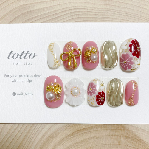 成人式ネイル/ピンク/リボン/振袖ネイル/和柄/着物/前撮り/白無垢/和装  