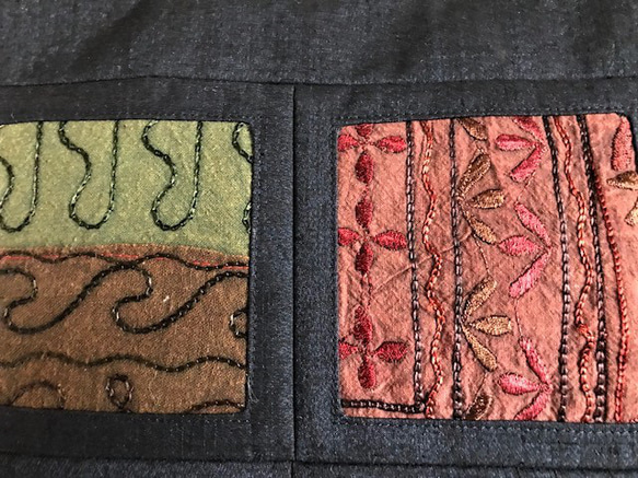 インド綿刺繍　アップリケの嵌め込み手提げ 5枚目の画像