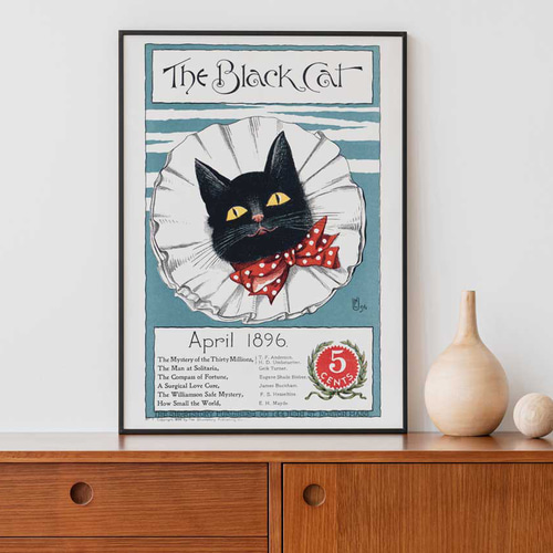 ヴィンテージなポスター、黒猫のイラスト、インテリアート、リビング
