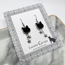 Starlight Cat　黒猫と星のフックピアス/イヤリング/ノンホールピアス/ノンアレルギー素材付替え可 1枚目の画像