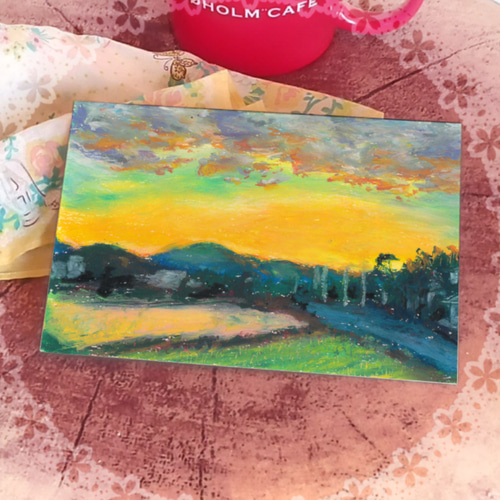 水彩画 風景画　夕陽2(原画) 原画】夕方の麦畑（水彩画）☆自然 夕日 風景画 風水 絵画
