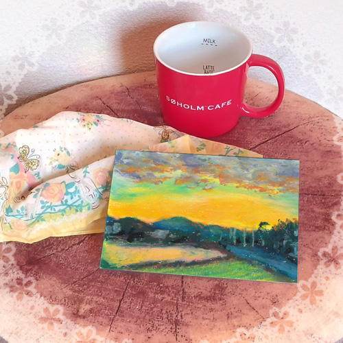 小さな丁度良い絵画】 一点物の原画 風景画「田舎の夕焼け空」ポスト