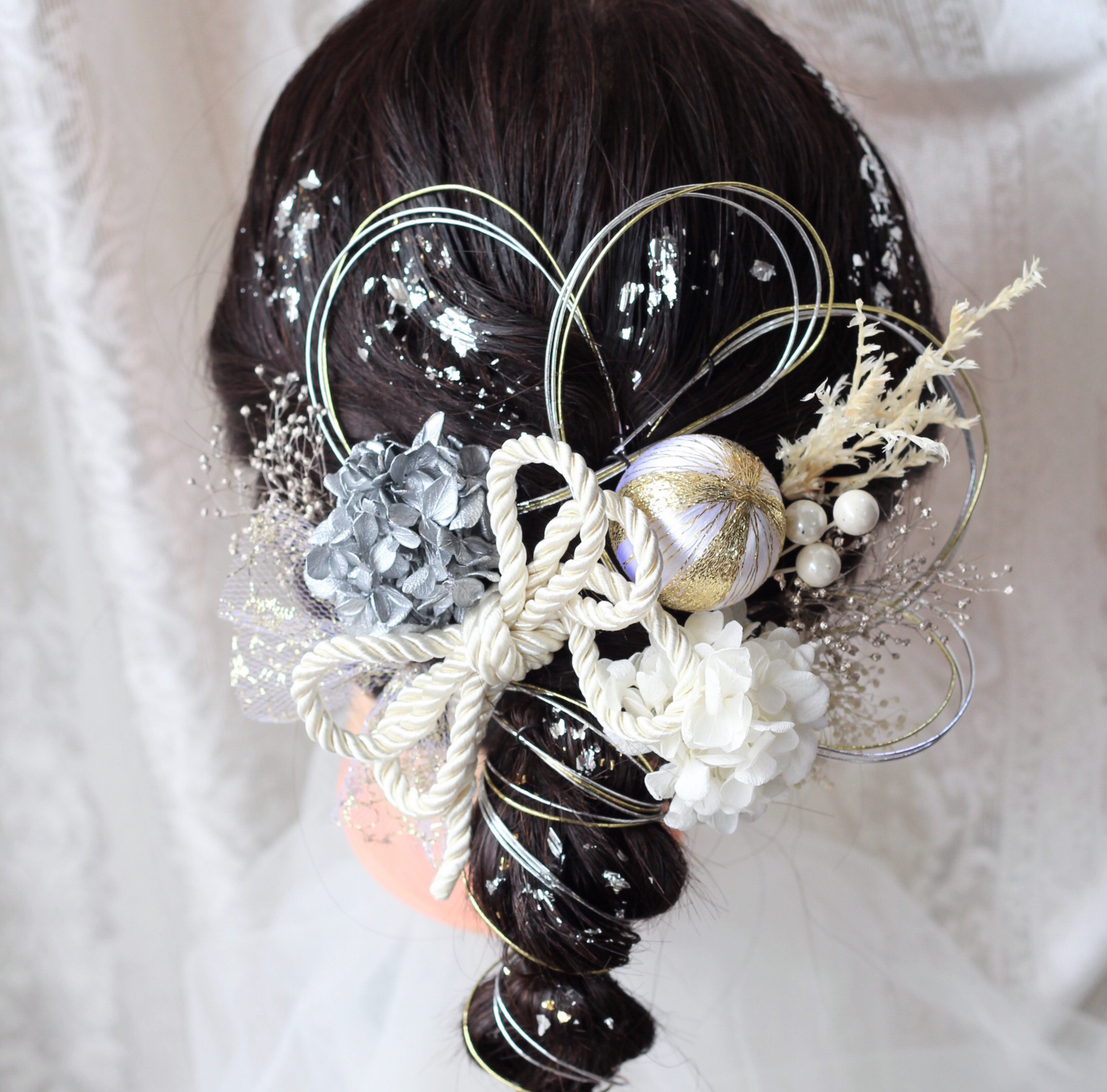 №084♡紐アレンジ＆ドライフラワー＆プリザーブドフラワー髪飾り♡成人式♡卒業式 №084♡紐アレンジ＆ドライフラワー＆プリザーブドフラワー髪飾り♡成人