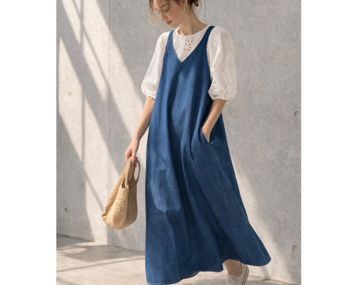 岡山児島デニムで仕立てた、美シルエットAラインデニムエプロンドレス