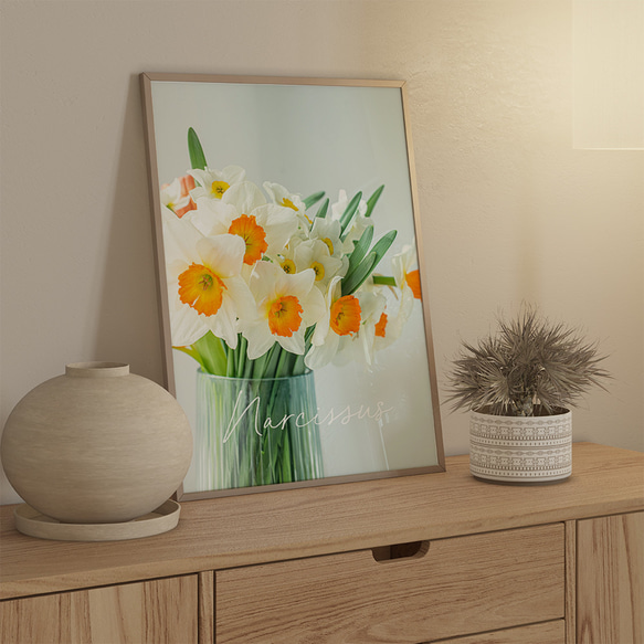 春の花のフォトポスター　/ i1190 / 黄色いミモザ、スイセンなど　インテリアポスター 1枚目の画像