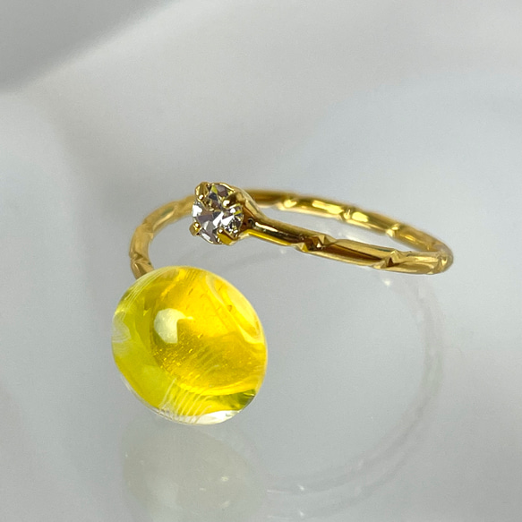 レースガラスのフォークリング ミモザイエロー（黄）指輪【春色新作2023】 10枚目の画像
