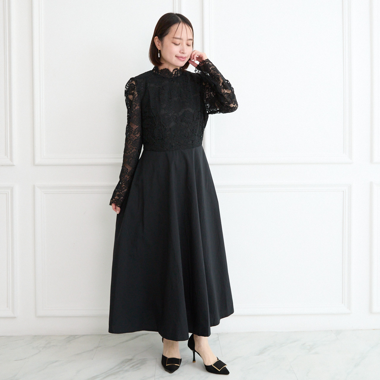 【✨丈調整できる】スタンドカラー レースコーデ風 フレアワンピース　ブラック　0564BK