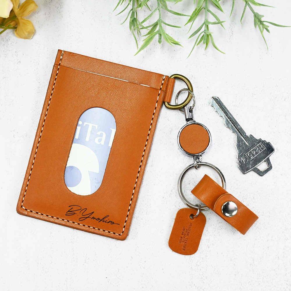 名入れ リール付き パスケース 革 栃木レザー キーホルダー レザー 刻印 イニシャル 名前 ギフト
