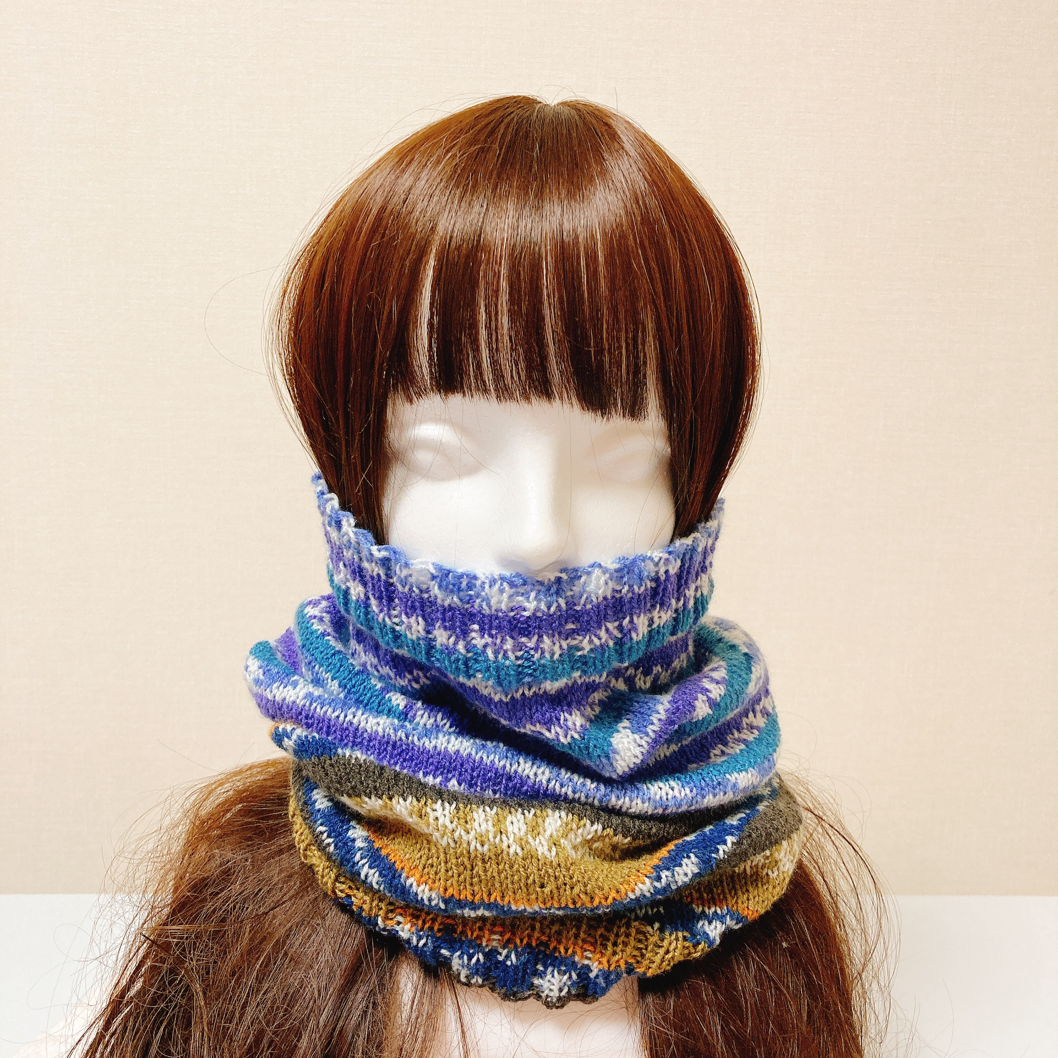 腹巻帽子　ブルーブラウン　手編み　ネックウォーマー　男女兼用　チクチクしない