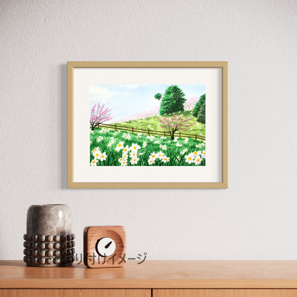 「白い水仙と梅の花 」透明水彩画　原画　風景画　額縁付　F4サイズ 2枚目の画像