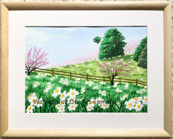 「白い水仙と梅の花 」透明水彩画　原画　風景画　額縁付　F4サイズ 1枚目の画像