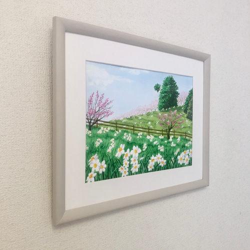 白い水仙と梅の花 」透明水彩画 原画 風景画 額縁付 F4サイズ