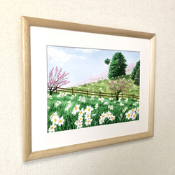 「白い水仙と梅の花 」透明水彩画　原画　風景画　額縁付　F4サイズ 3枚目の画像