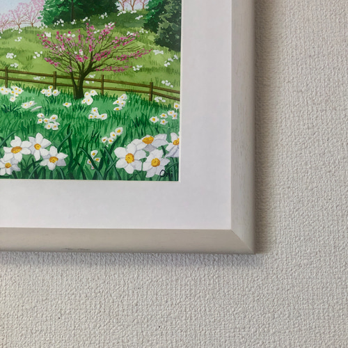 白い水仙と梅の花 」透明水彩画 原画 風景画 額縁付 F4サイズ 白い水仙と梅の花 」透明水彩画 原画 風景画 額縁付 F4サイズ