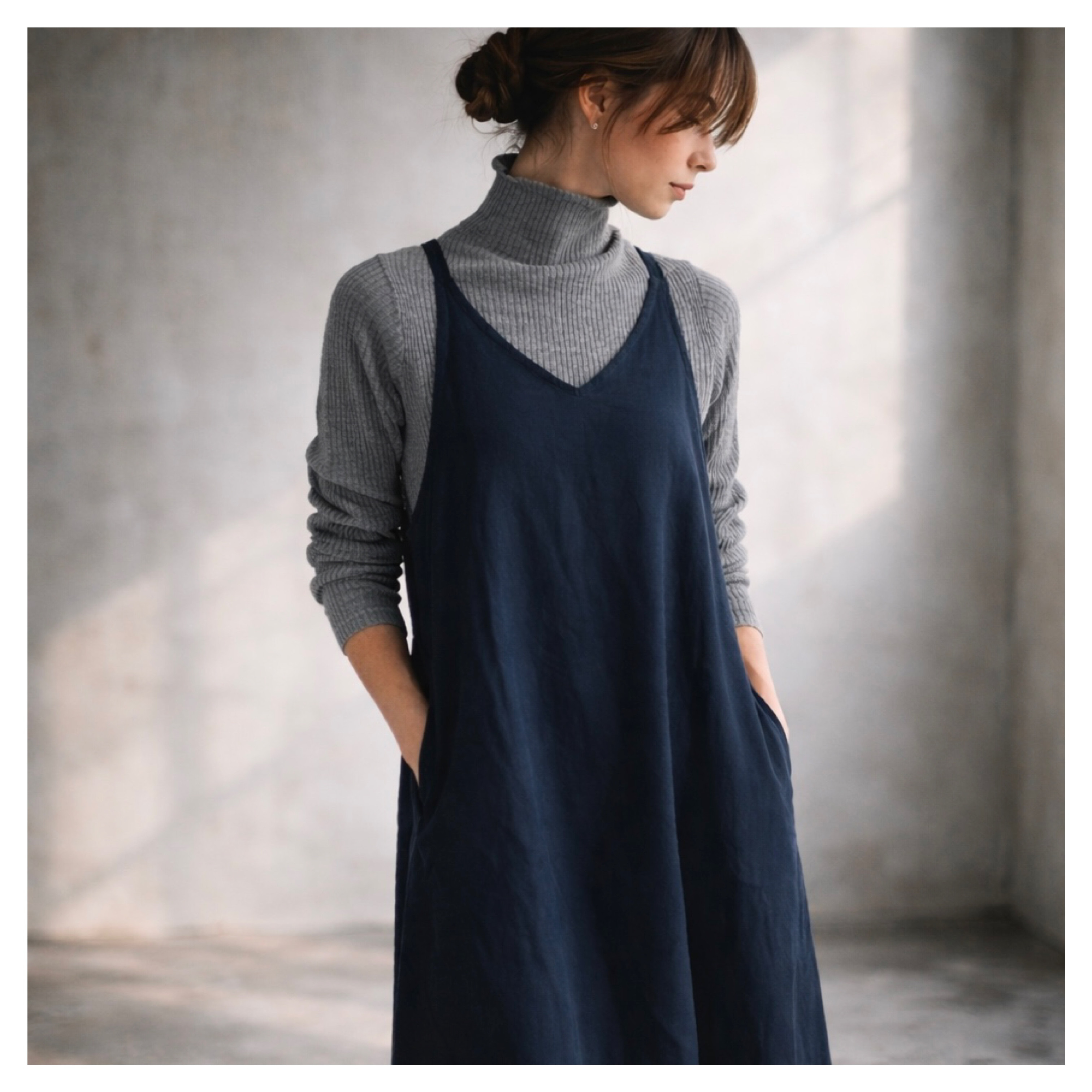 美シルエットAラインコットンリネンヴィンテージ加工エプロンドレス／エプロンワンピース／ネイビー