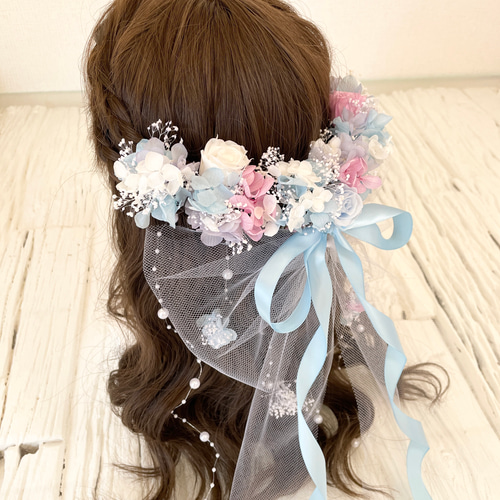 ブーケの様な髪飾り ヘッドドレス 水色 ヘッドドレス
