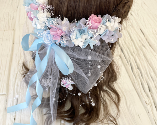 ブーケの様な髪飾り ヘッドドレス 水色 ヘッドドレス