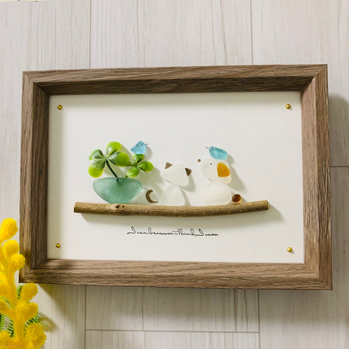 シーグラスアート 小鳥 インテリア雑貨 壁掛け 置物 北欧 観葉植物 苺泥棒 シーグラスアート 海の宝石 ガラス細工 インテリア雑貨 北欧 小鳥 観葉