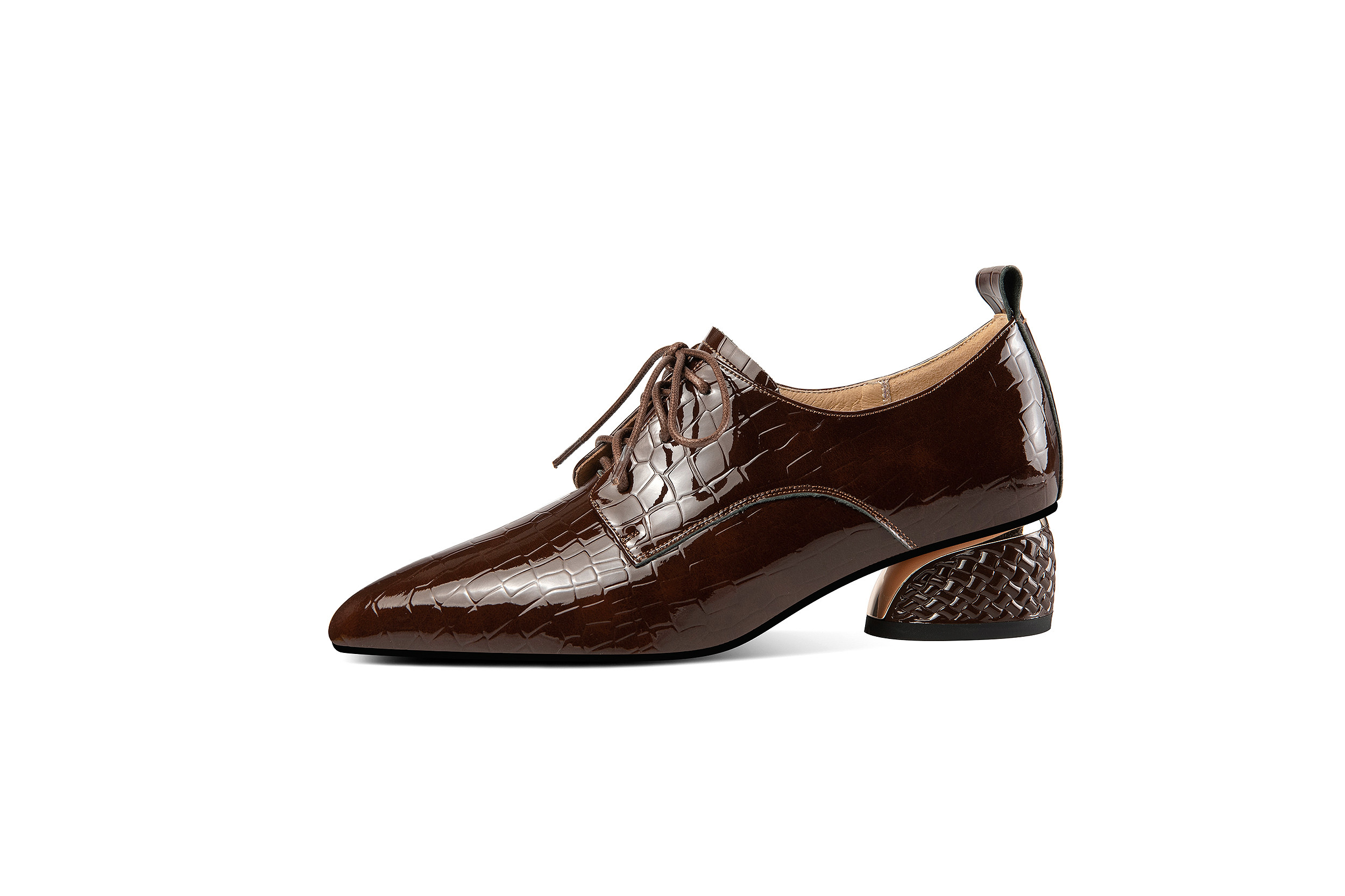 ポインテッドトゥエナメル鰐鱗柄ハラコレザーレースアップシューズパンプス全2色