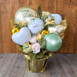 【送料無料】ゴールド×ナチュラルリーフギフト│バルーン電報　開店祝　誕生日　結婚式　結婚祝　記念日　グリーン 2枚目の画像
