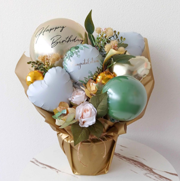 【送料無料】ゴールド×ナチュラルリーフギフト│バルーン電報　開店祝　誕生日　結婚式　結婚祝　記念日　グリーン 1枚目の画像