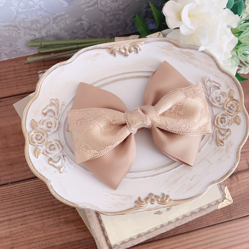 レースリボン ベージュ バレッタ ポニーフック ゴム 入学式 卒業式