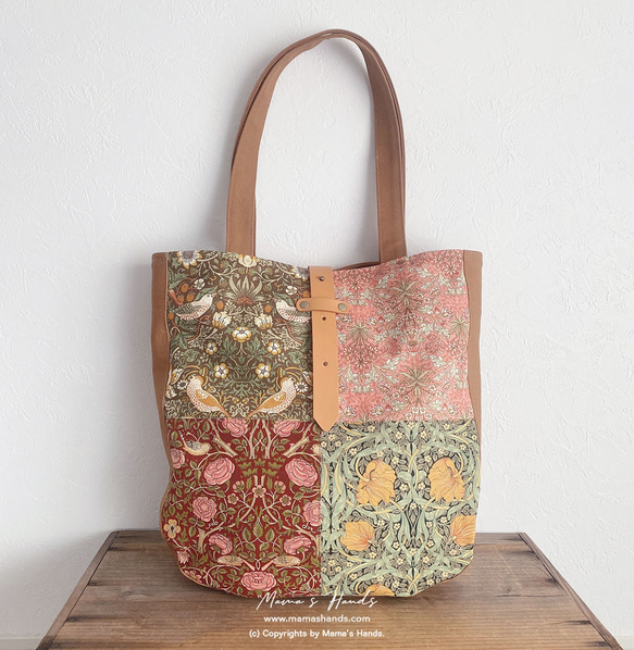 （精選作品）⭐️已售出51件⭐️草莓竊賊拼布威廉·莫里斯皮革手提包 第14張的照片