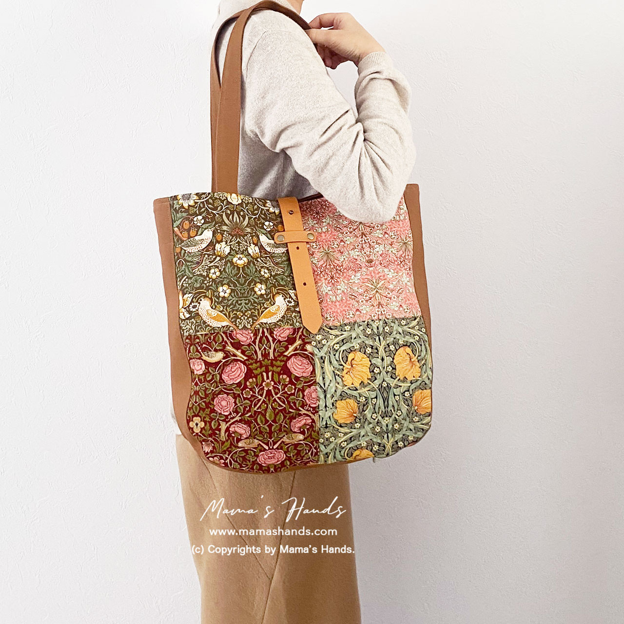 (掲載作品)⭐️51点売れました⭐️ いちご泥棒 パッチワーク ウィリアムモリス 革 トートバック