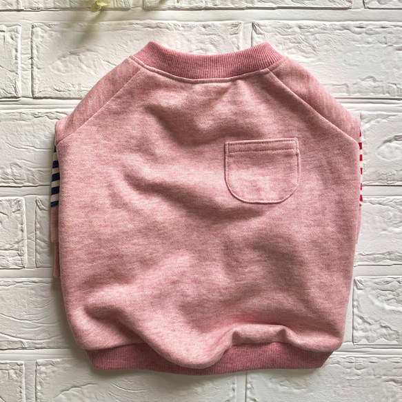 【フレンチブルドッグ服】ピンク杢のラグラン　ミニ裏毛　ボーダー2色のエルボーパッチ付　フレブル 4枚目の画像