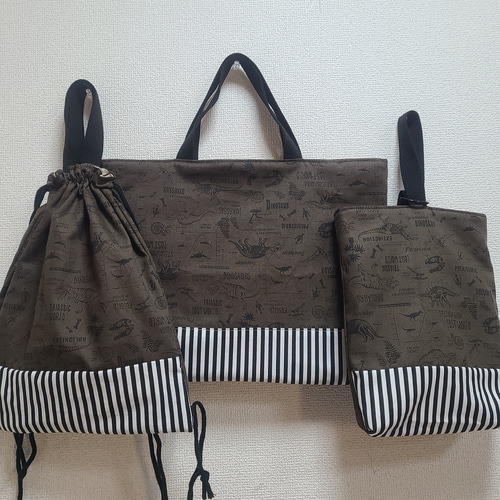 レッスンバッグ 体操服袋 上履き入れ 3点セット 恐竜化石 カーキ