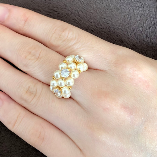 きなこ姫　e.m ジルコニア ＆パール　2つのモチーフ　リング　美品 小花のリング〜桜色 クリスタルパール〜【スワロフスキー パール