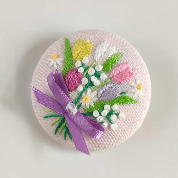 パステルカラーのチューリップ花束刺繍ブローチor刺繍ヘアゴム　春色　入学式 2枚目の画像