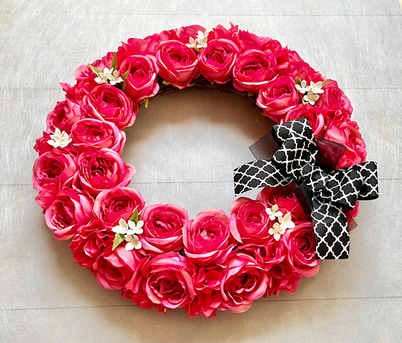 No.wreath-15511/濃ピンクバラのリース (3) 38cm/アーティフィシャルフラワー造花 6枚目の画像