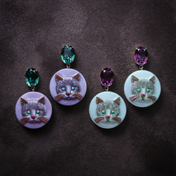 「 Drops 」イヤリング/ピアス 【アメジスト×ミントグリーン】チェコガラスボタン.猫.ビジュー.スワロフスキー* 4枚目の画像