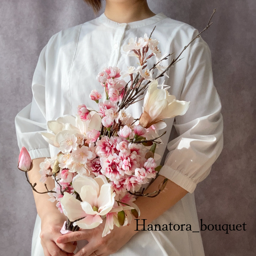 2種の桜・マグノリア・らんの和装ブーケ アーティフィシャルフラワー 