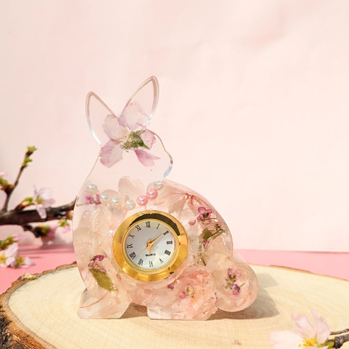 本物桜入り うさぎ時計 2種から選べます 桜2025 掛け時計