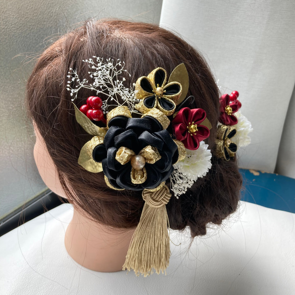 成人式 髪飾り つまみ細工 赤 白 黒 金 ゴールド 金 かんざし つまみ