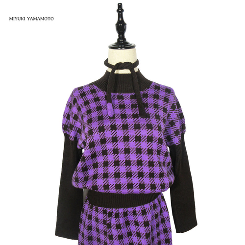 千鳥格子】ウール100％ / ニット トップス（パープル）/ 1点物