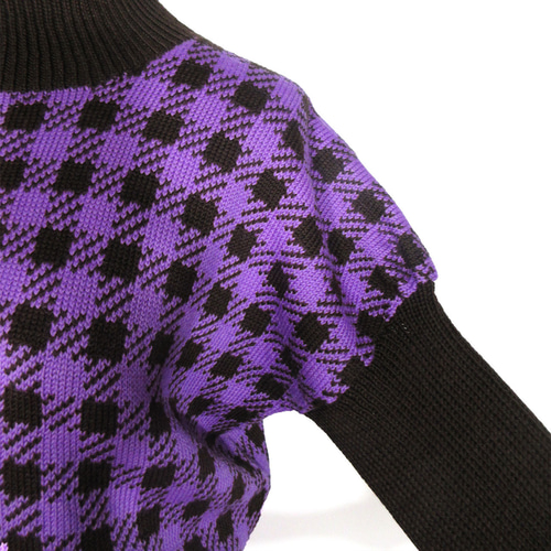 千鳥格子】ウール100％ / ニット トップス（パープル）/ 1点物