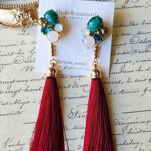 色々 グリーン ヴィンテージスワロフスキー®️ ロング イヤリング ピアス