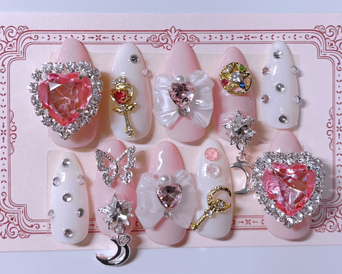 量産型ゆめかわ魔法ゆらゆら蝶白ピンクリボン韓国ワンホンネイル