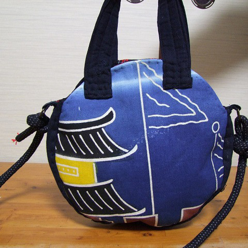 古布絣・着物リメイク・丸形トートバック・ショルダーバック