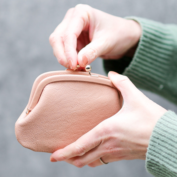 送料無料 小さい財布 革巻き がま口 シュリンクスムース ミニ財布 ガマ口 ガマグチ ペールピンク 桜色 9枚目の画像