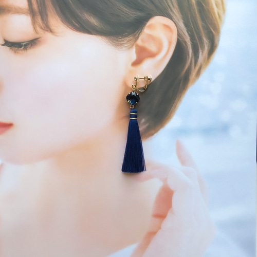 再販63フリンジ青ネイビーピアスイヤリングタッセルアクセサリー春
