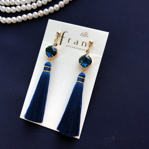 再64フリンジ青ネイビーピアスイヤリングタッセルアクセサリー春
